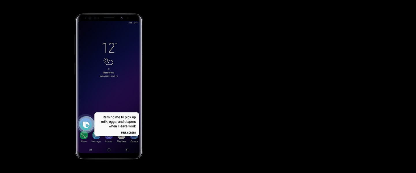 Visão frontal do Galaxy S9 Midnight Black exibindo a mensagem "Lembre-me de comprar leite, ovos e fraldas quando eu sair do trabalho." na tela.