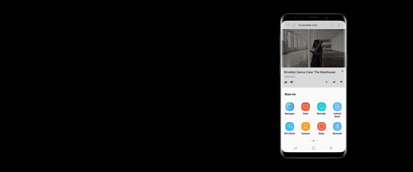 An image of the Galaxy S9 Midnight Black screen sharing a video via Bixby Reminder.
