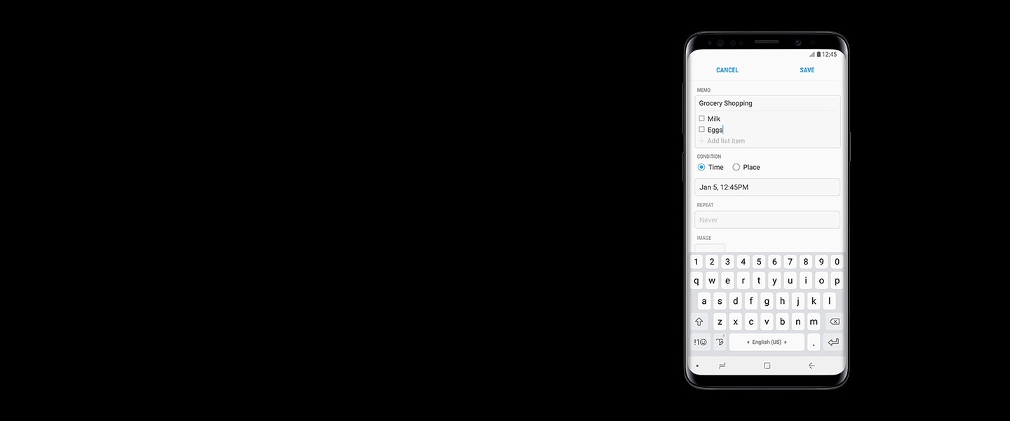 키보드 입력으로 쉽게 식료품 쇼핑리스트를 만드는 Galaxy S9 미드나잇 블랙의 정면 모습