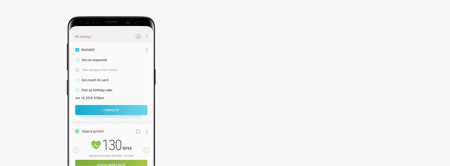 An image of checking reminders immediately from Bixby Home on Galaxy S9 Midnight Black