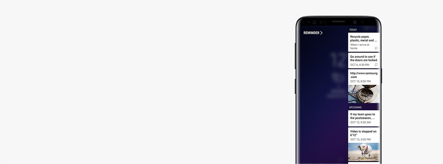 Изображение устройства Galaxy S9 Midnight Black, иллюстрирующее проверку напоминаний сбоку экрана в режиме ожидания на мобильном телефоне.