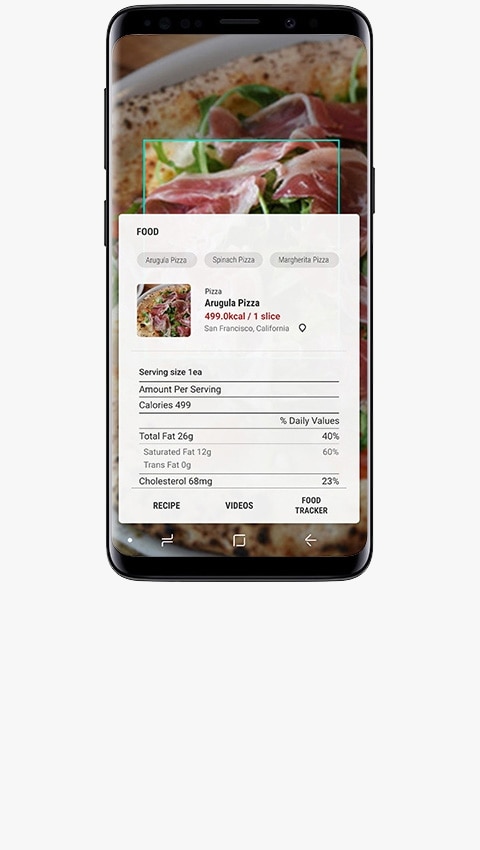 Image d'un Galaxy S9 Midnight Black affichant le nombre de calories de l'aliment scanné et d'autres informations nutritionnelles