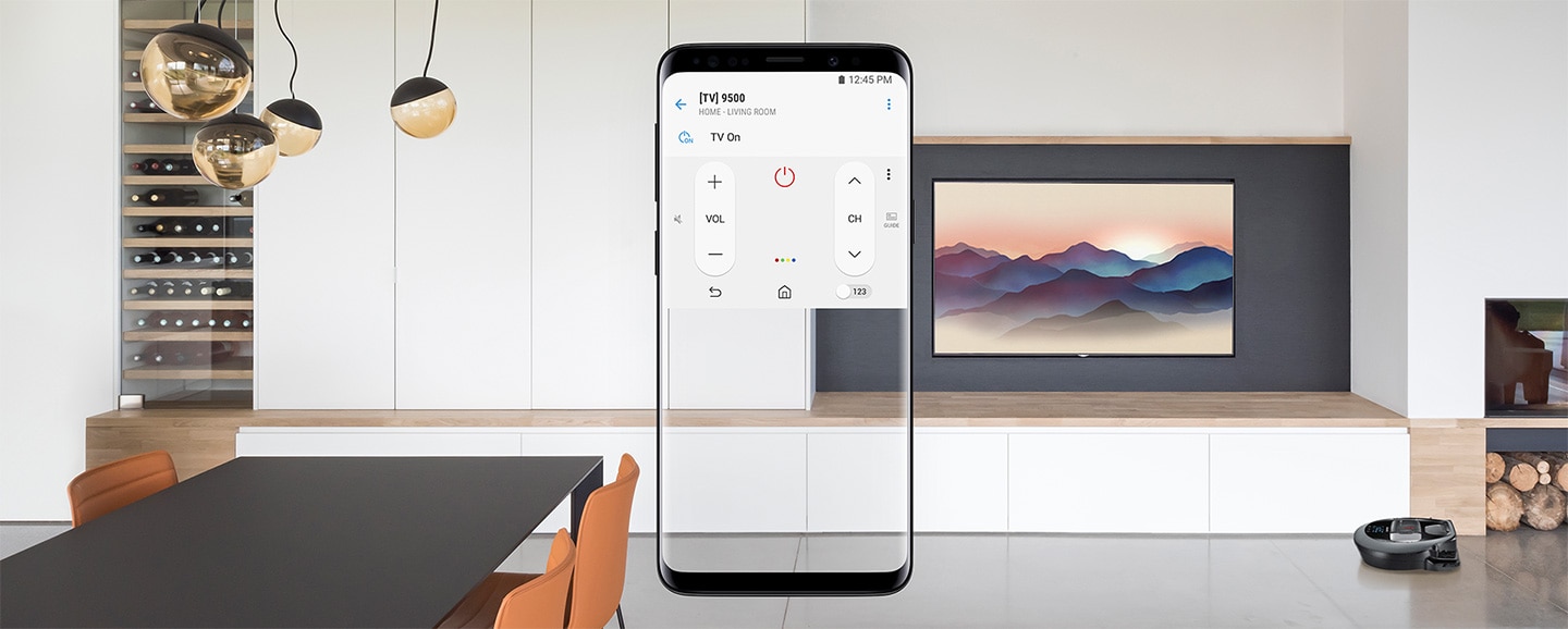 Image d'un salon et d'un Galaxy S9 Midnight Black montrant l'application SmartThings qui contrôle le téléviseur
