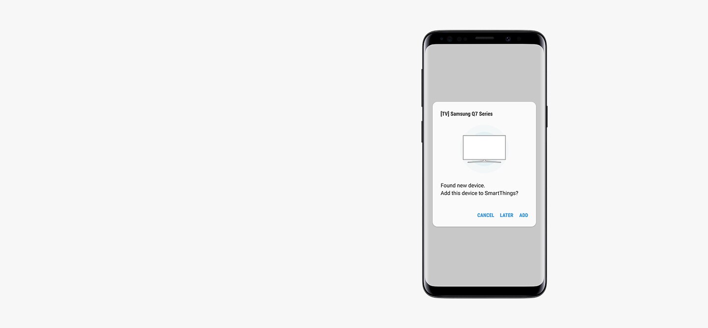 Vue avant d'un Galaxy S9 Midnight Black recevant une notification « Ajouter un nouvel appareil à SmartThings » dans l'application SmartThings