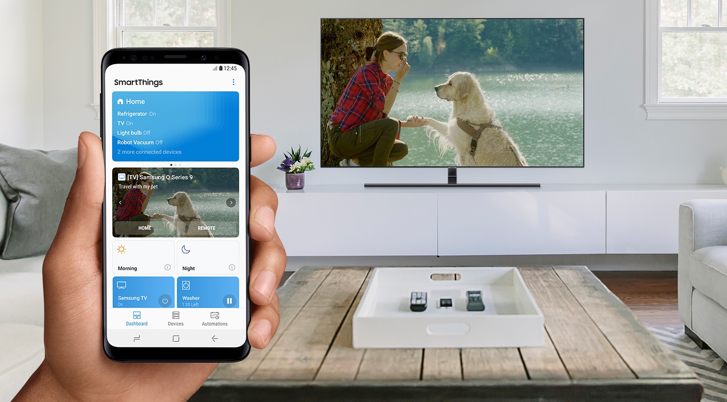 Image d'un Frame TV et d'une main gauche tenant un Galaxy S9 Midnight Black affichant l'écran de lancement de l'application SmartThings