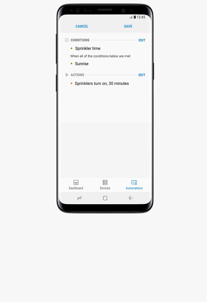 Image d'un Galaxy S9 Midnight Black avec les automatisations « Conditions » et « Actions » activées dans l'application SmartThings