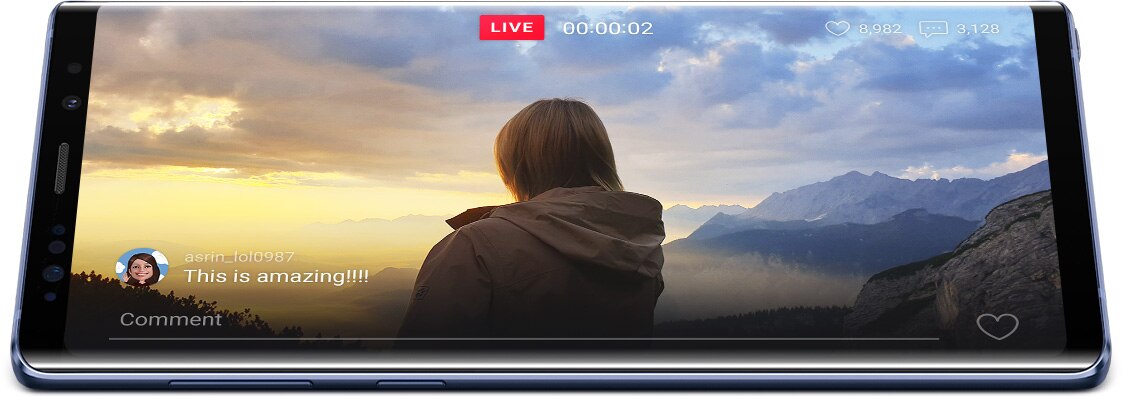 Το Galaxy Note9 σε οριζόντια λειτουργία με ελαφριά γωνίωση και εικόνα προσομοίωσης ενός βίντεο livestream στην οθόνη