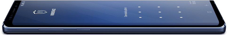 Το Galaxy Note9 όπως φαίνεται ξαπλωμένο από τα αριστερά, με κινούμενη εικόνα προσομοίωσης της οθόνης να αιωρείται προς τα πάνω και τα πέντε επίπεδα του KNOX να αποκαλύπτονται