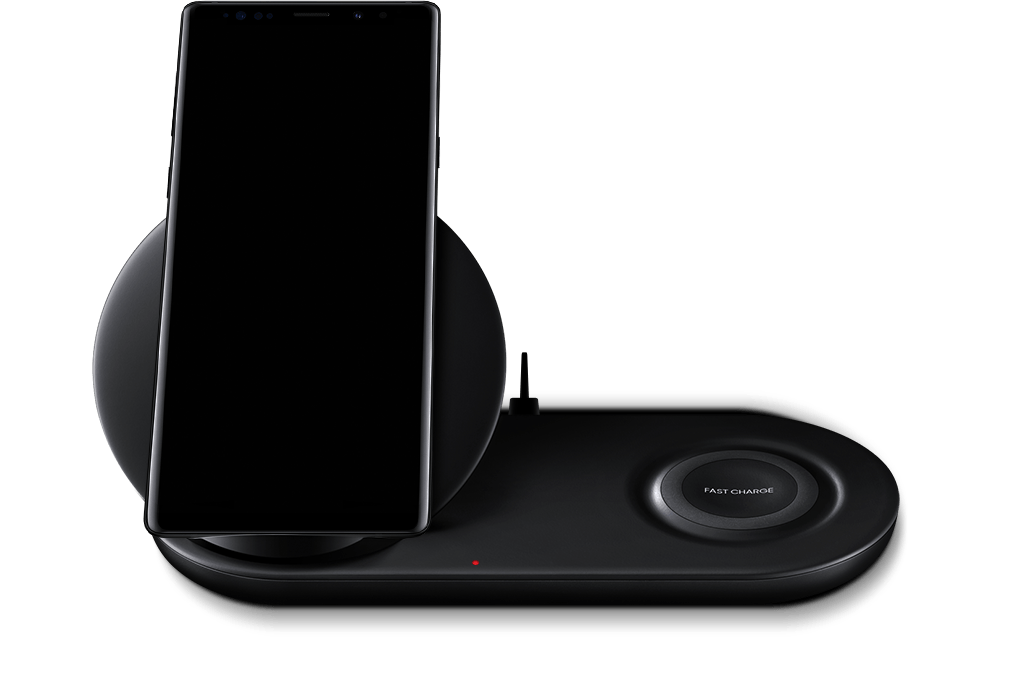 Two Galaxy Note9s on Wireless Charging Duo, with one on the stand side, the other on the pad side
