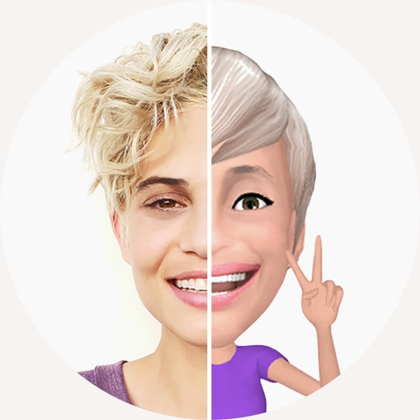 Circle split in half with person’s selfie on the left and the person’s AR emoji on the right