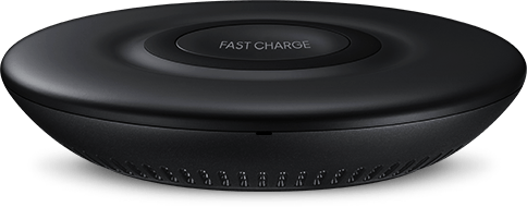 Ocean Blue Galaxy Note9 shown being placed onto Wireless Charger Pad in black