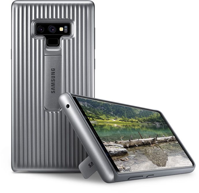 Two Midnight Black Galaxy Note9s in Protective Standing Cover in silver, shown in landscape mode and from the rear