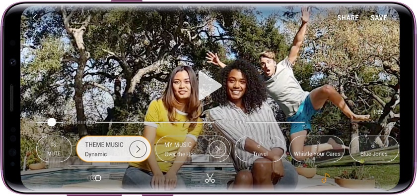 Super Slow-mo video taken on Galaxy S9 or Galaxy S9 shown displayed on Galaxy S9 with editing GUI