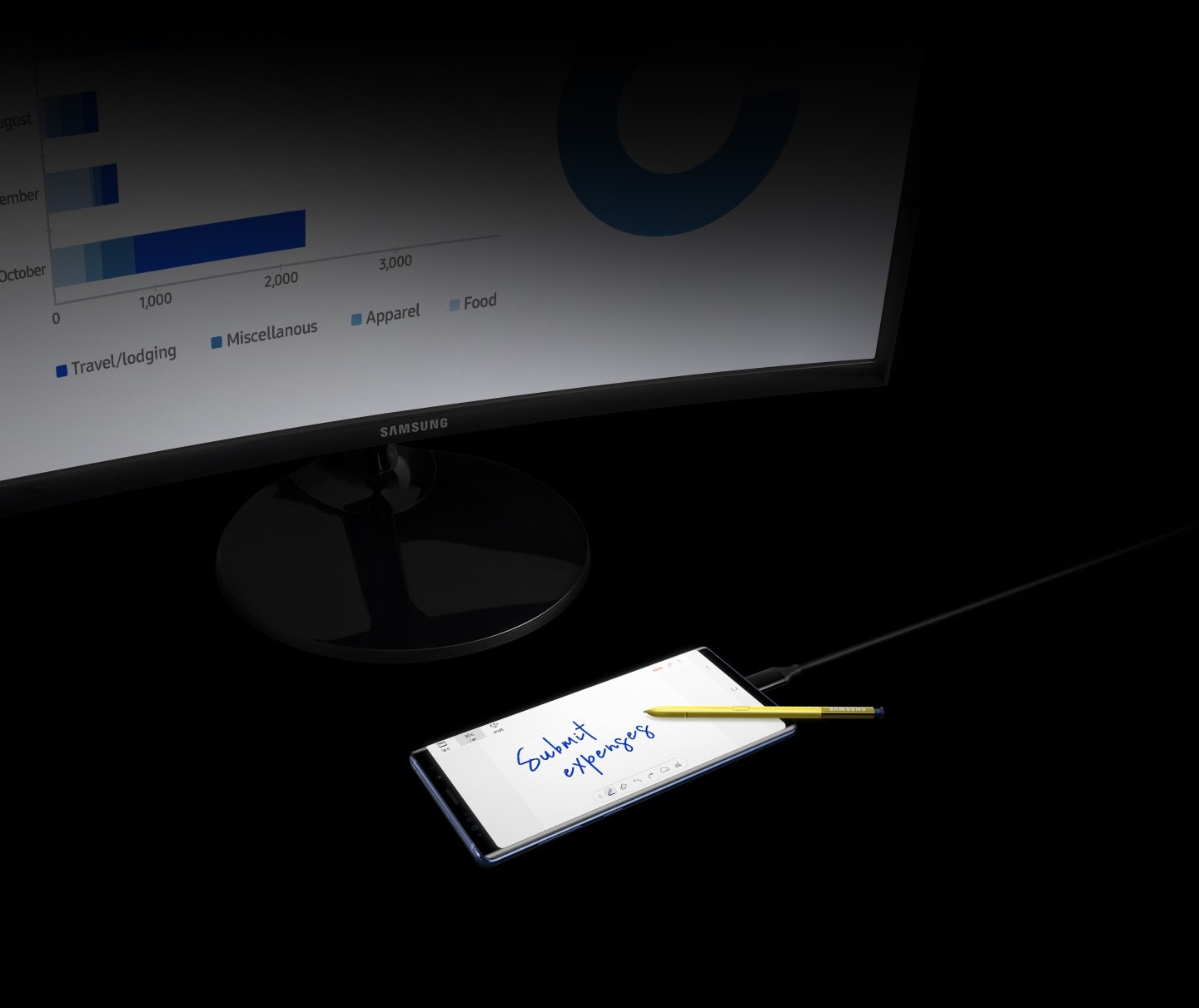 Simulated image of Galaxy Note9 and Samsung monitor connected by Samsung DeX cable