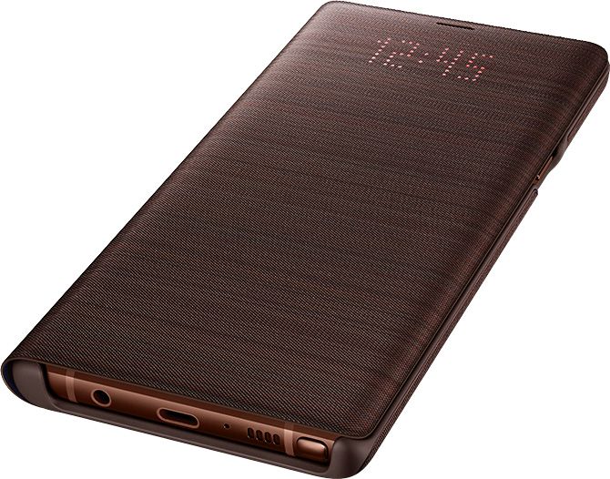 Metallic Copper Galaxy Note9 inside LED View Cover in Brown, with the time displayed on the front of the cover