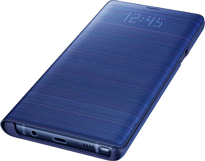 Ocean Blue Galaxy Note9 inside LED View Cover in Blue, with the time displayed on the front of the cover