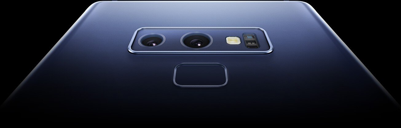 An extreme closeup of Galaxy Note9’s dual lens rear camera and fingerprint scanner