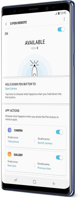 Galaxy Note9 with S Pen settings interface onscreen, showing custom setting options