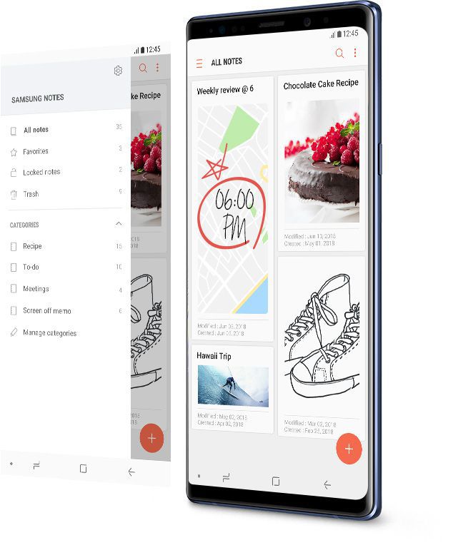 Galaxy Note9 with simulated image of Samsung Notes app onscreen