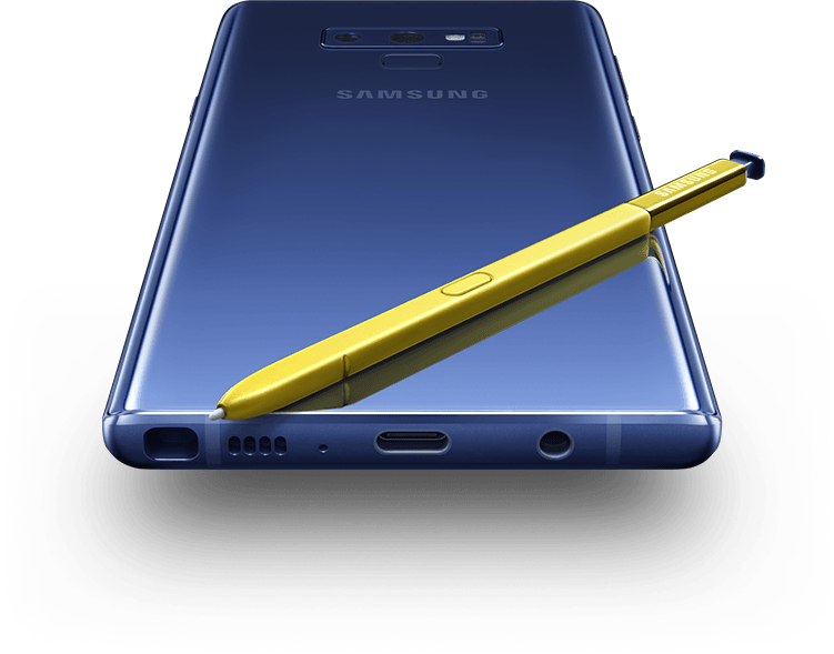 The rear of Galaxy Note9 with S Pen on top, viewed from the bottom