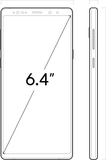 Illustration of Galaxy Note9 seen from the front and the right, showing the 6.4-inch Infinity Display measurement
