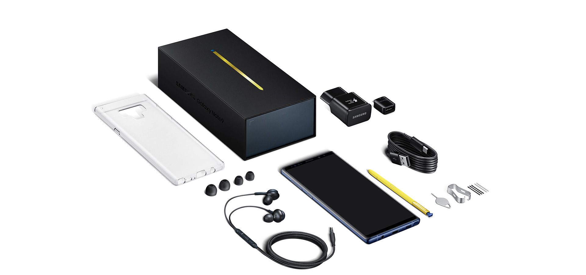 Image of in-box items: Device with S Pen, Tweezer and pen nibs, USB power adapter, Micro USB connector, USB connector (USB Type-C), USB cable, Ejection pin, Earphones, Case, Clear Cover. Included items may vary by country.