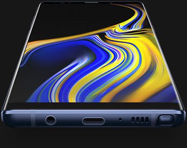 Galaxy Note9 at angle, seen from the bottom, with a matching wallpaper onscreen