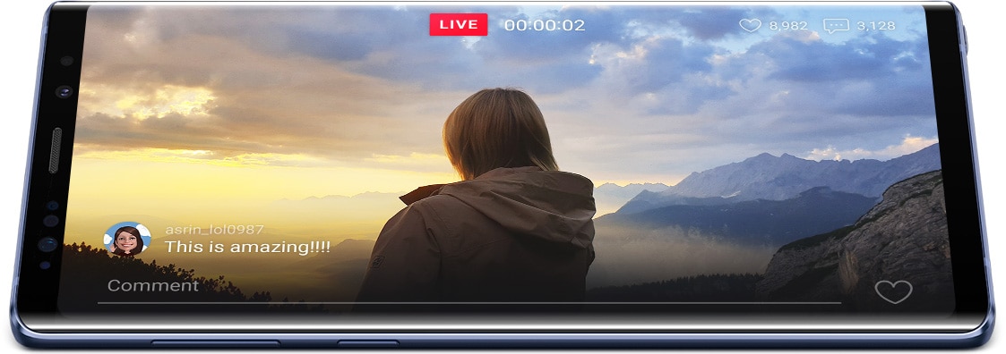 Galaxy Note9 in landscape mode at a slight angle with a simulated image of a livestream onscreen