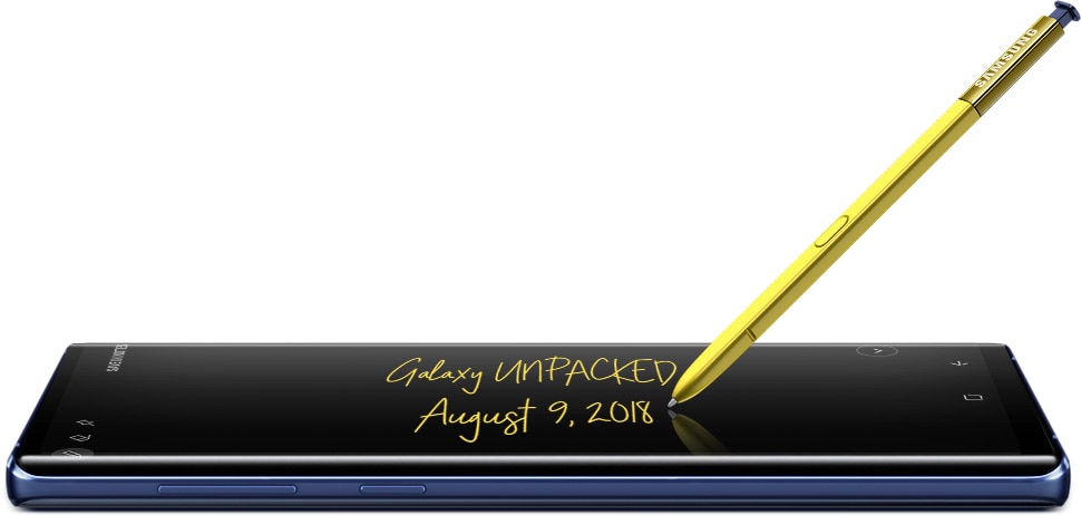 Ocean Blue Galaxy Note9 in landscape mode seen from the left with yellow S Pen writing in yellow ink colour